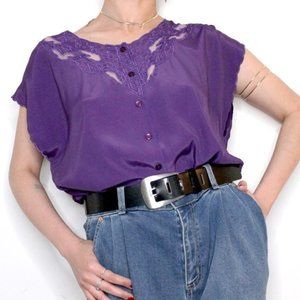 90s Vintage Button Down Purple Blouse With Lace Collar by Elite International